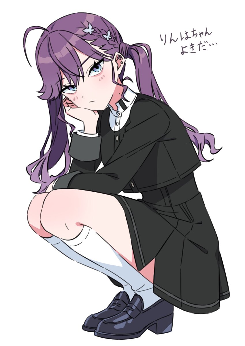 1girl ahoge black_jacket black_shoes black_skirt blush braid closed_mouth commentary_request cropped_jacket ear_piercing elbow_rest from_side full_body gakuen_idolmaster gokugetsu_academy_school_uniform hand_on_own_cheek hand_on_own_face head_rest head_tilt high-waist_skirt highres idolmaster jacket kaya_rinha kneehighs kousuke0912 loafers long_hair long_sleeves looking_at_viewer mole mole_on_neck piercing purple_eyes purple_hair school_uniform shirt shoes side_braid simple_background skirt socks solo squatting translation_request twintails white_background white_shirt white_socks wrist_cuffs