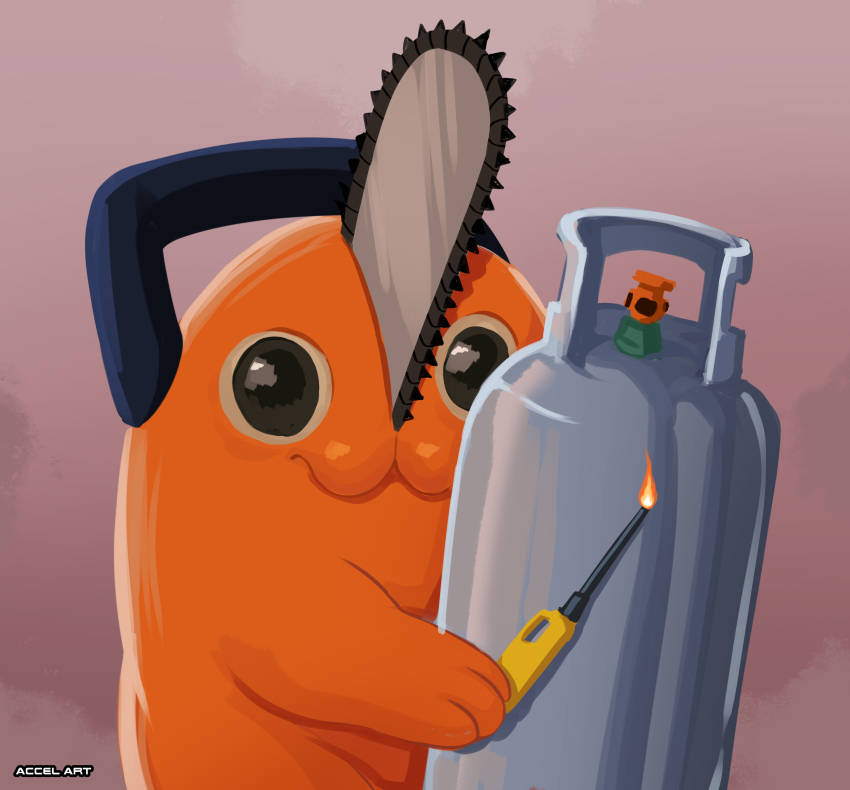 :3 absurdres chainsaw chainsaw_man colored_skin concentrating gas_cylinder highres holding holding_lighter holding_propane_tank lighter looking_at_viewer meme no_humans orange_skin parody pochita_(chainsaw_man) propane_tank pull_cord simple_background single_flame solo the_accel wand_lighter