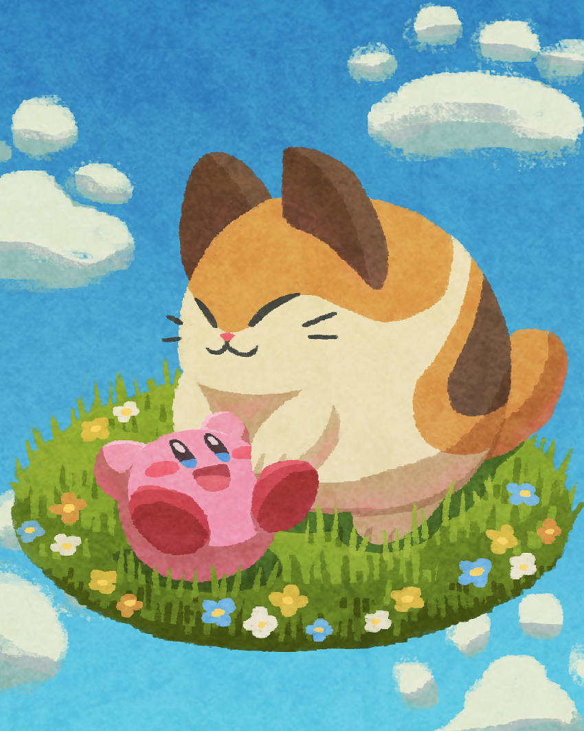 :3 :d arms_up blue_eyes blue_flower blue_sky blush blush_stickers cat cat_day closed_eyes closed_mouth cloud commentary_request day flower grass highres kirby kirby_(series) looking_at_another lying miclot nago_(kirby) nintendo no_humans on_back open_mouth paw_print sky smile white_flower yellow_flower