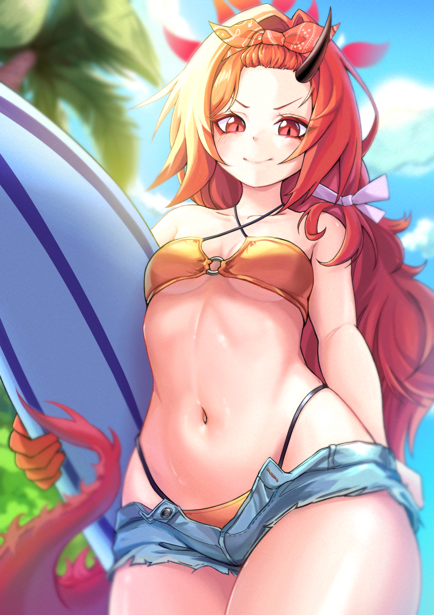 1girl absurdres bangs_pinned_back bikini blue_archive blush breasts closed_mouth commentary denim denim_shorts dragon_girl dragon_horns dragon_tail forehead highres holding holding_surfboard horns long_hair navel official_alternate_costume open_clothes open_shorts red_eyes red_hair renge_(blue_archive) renge_(swimsuit)_(blue_archive) ruta shorts single_horn small_breasts smile solo stomach surfboard swimsuit tail yellow_bikini