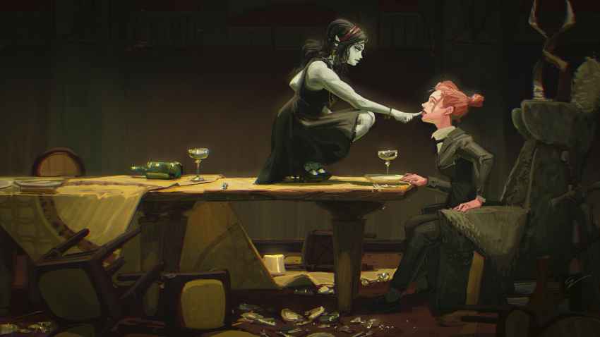 2girls absurdres adventure_time black_bow black_bowtie black_dress black_hair black_shoes black_suit bloom bow bowtie bracelet broken_plate chair chromatic_aberration colored_skin cup dress drinking_glass earrings film_grain finger_to_another&#039;s_mouth fork formal_clothes from_side glass_bottle grey_eyes grey_skin hair_bun hairband high_heels highres indoors jewelry long_hair looking_at_another low_ponytail marceline_abadeer multiple_girls necklace on_table pink_skin plate pointy_ears ponytail princess_bonnibel_bubblegum purple_eyes quiet_victories red_hair red_hairband shoes short_hair sidelocks signature single_hair_bun sitting sleeveless sleeveless_dress squatting suit table wide_shot
