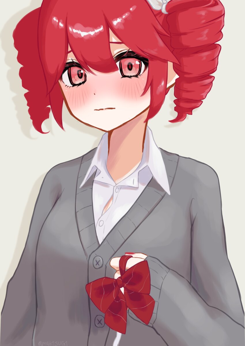 absurdres alternate_costume blush bow buttons closed_mouth collared_shirt drill_hair grey_background grey_jacket hair_between_eyes hair_bow highres holding holding_bow_(ornament) jacket kasane_teto kasane_teto_(sv) long_sleeves looking_at_viewer makisugi pink_eyes pinstripe_bow red_bow shirt simple_background synthesizer_v twin_drills unworn_bow upper_body utau white_bow white_shirt wing_collar