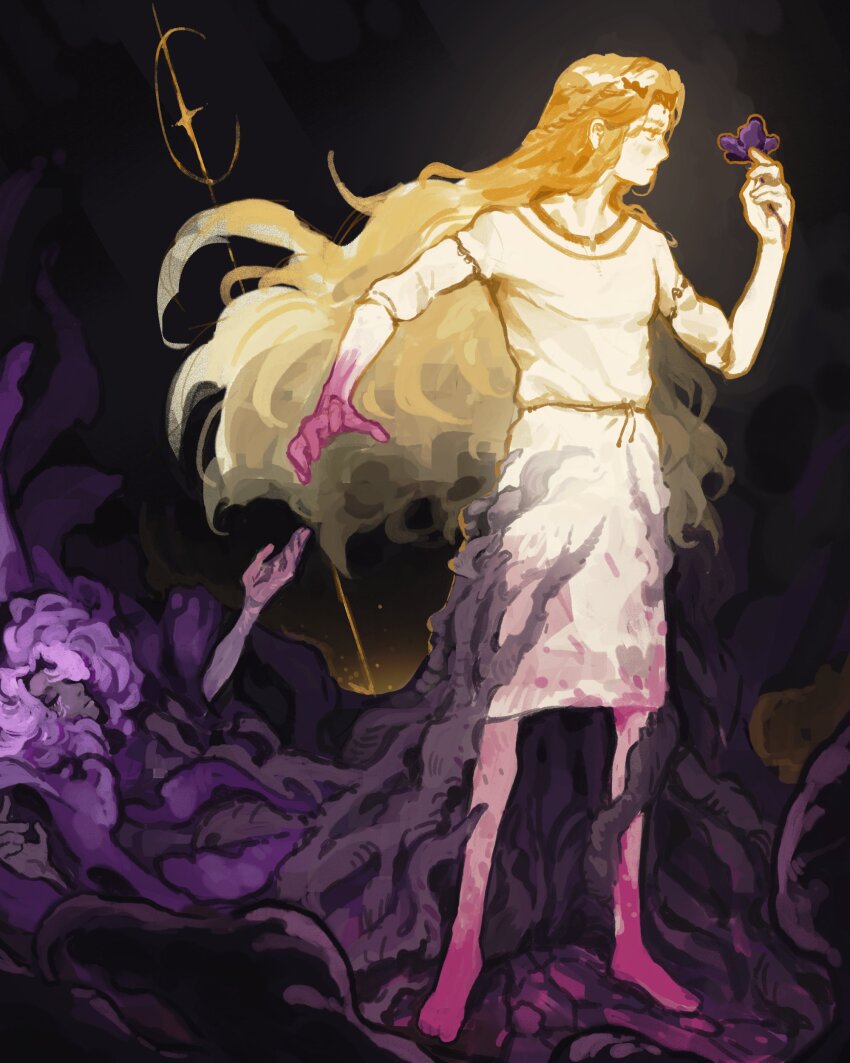 1boy 1girl abandoned absurdres barefoot bentomorii betrayal blonde_hair braid closed_eyes cross crown_braid elden_ring entangled flower highres holding holding_flower long_hair looking_at_object lying miquella_(elden_ring) purple_flower purple_hair reaching reaching_towards_viewer rejection robe sleeping st._trina_(elden_ring) stain stained_clothes tunic very_long_hair white_robe white_tunic yellow_eyes