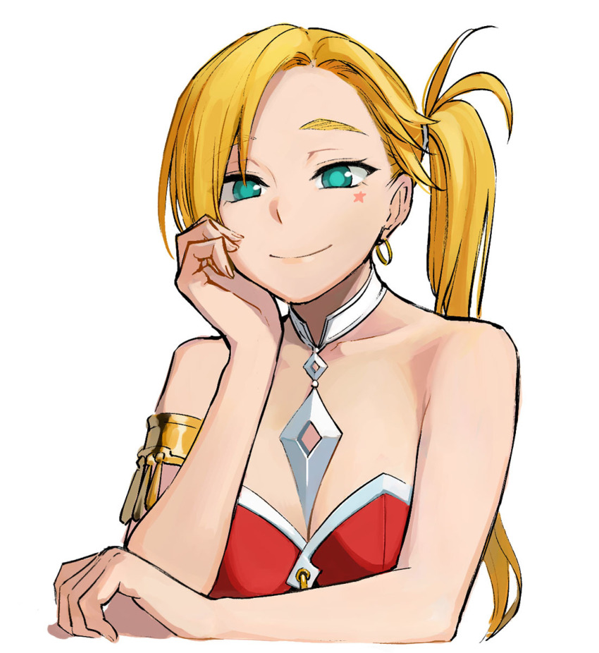 1girl aqua_eyes armlet b_suke bare_shoulders bikini blonde_hair calamity_jane_(fate) calamity_jane_(first_ascension)_(fate) closed_mouth fate/grand_order fate_(series) hand_on_own_cheek hand_on_own_face highres jewelry looking_at_viewer one_side_up red_bikini simple_background smile solo star_(symbol) swimsuit upper_body white_background