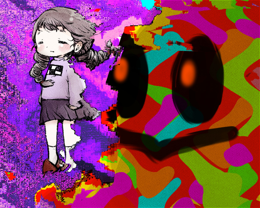 1girl abstract_background blush braid brown_hair closed_eyes closed_mouth full_body glitch highres kuronekozonbi kyukkyu-kun long_sleeves madotsuki miniskirt purple_skirt purple_sweater red_footwear skirt socks standing sweater twin_braids white_socks yume_nikki