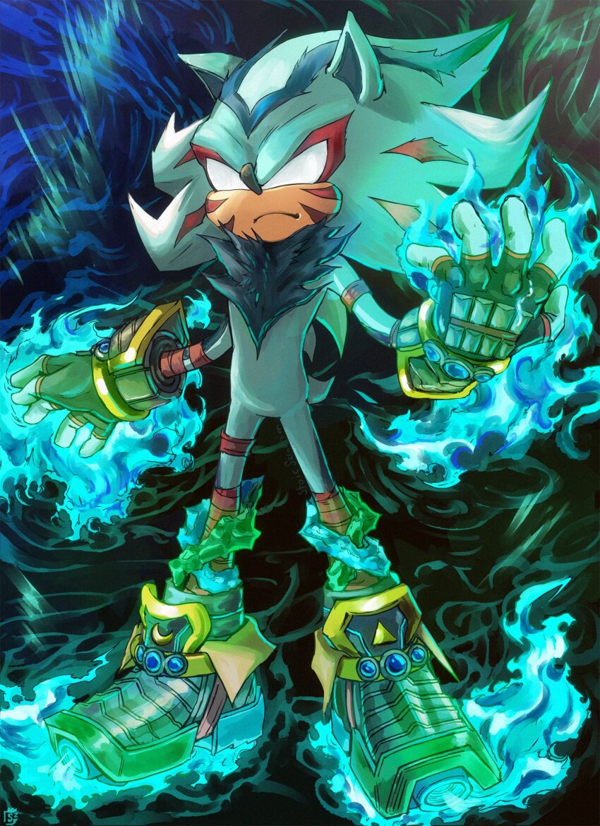 alternate_color alternate_costume alternate_eye_color armor aura blue_gemstone boots corruption crescent crescent_moon crescent_moon_print crescent_moon_symbol crescent_print crossover crystal dark_persona double_helix facial_tattoo fierce_deity fingerless_gloves fire frown gem gloves glowing highres moon nintendo no_pupils pointy_ears possessed possession sega serious shadow_the_hedgehog sonic_(series) sonic_adventure_2 stoic_seraphim tail tattoo the_legend_of_zelda the_legend_of_zelda:_majora&#039;s_mask triangle triangle_print white_eyes