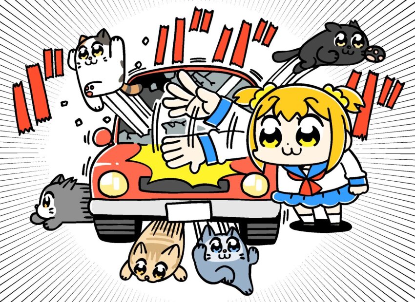1girl :3 animal bkub black_cat blue_eyes blue_sailor_collar blue_skirt broken_glass brown_cat calico_cat car cat chibi chibi_only clenched_hand closed_mouth commentary dot_nose emphasis_lines glass grey_cat grey_shoes hair_ornament hair_scrunchie hitting jumping long_sleeves motion_lines motor_vehicle multiple_cats neckerchief official_art orange_eyes orange_hair poptepipic popuko red_car red_neckerchief sailor_collar school_uniform scrunchie serafuku shirt shoes short_hair sidelocks simple_background skirt slapping socks solo sound_effects tabby_cat translation_request two_side_up white_background white_cat white_shirt white_socks yellow_eyes yellow_scrunchie