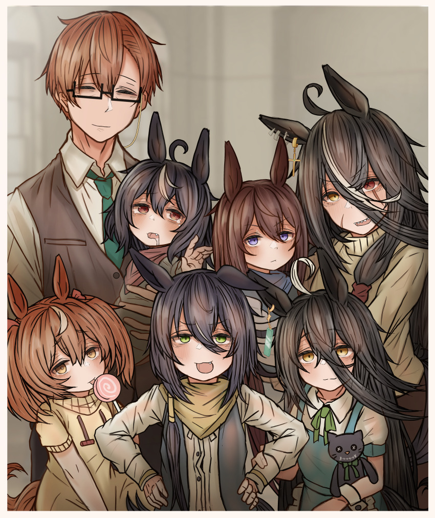 1boy 6+girls absurdres aged_down ahoge animal_ears bandana black_hair black_tide_(racehorse) blurry blurry_background brown_bandana brown_eyes brown_hair brown_vest candy child cross cross_earrings deep_impact_(umamusume) dress drooling earrings facial_scar fang food genderswap genderswap_(mtf) glasses gold_allure_(racehorse) green_eyes green_necktie green_ribbon hair_between_eyes hands_on_own_hips heterochromia highres holding holding_candy holding_food holding_lollipop horse_ears horse_girl horse_tail jewelry kin&#039;iro_ryotei_(umamusume) leogust light_brown_hair lollipop long_bangs long_hair long_sleeves looking_at_viewer manhattan_cafe_(umamusume) mother_and_daughter multicolored_hair multiple_girls necktie original personification pinafore_dress purple_eyes rectangular_eyewear red_eyes ribbon scar scar_across_eye scar_on_cheek scar_on_face sharp_teeth short_hair short_sleeves single_earring sleeveless_dress speech_bubble streaked_hair stuffed_animal stuffed_cat stuffed_toy tail teeth translation_request twintails two-tone_hair umamusume v-shaped_eyebrows vest white_hair yellow_bandana yellow_eyes