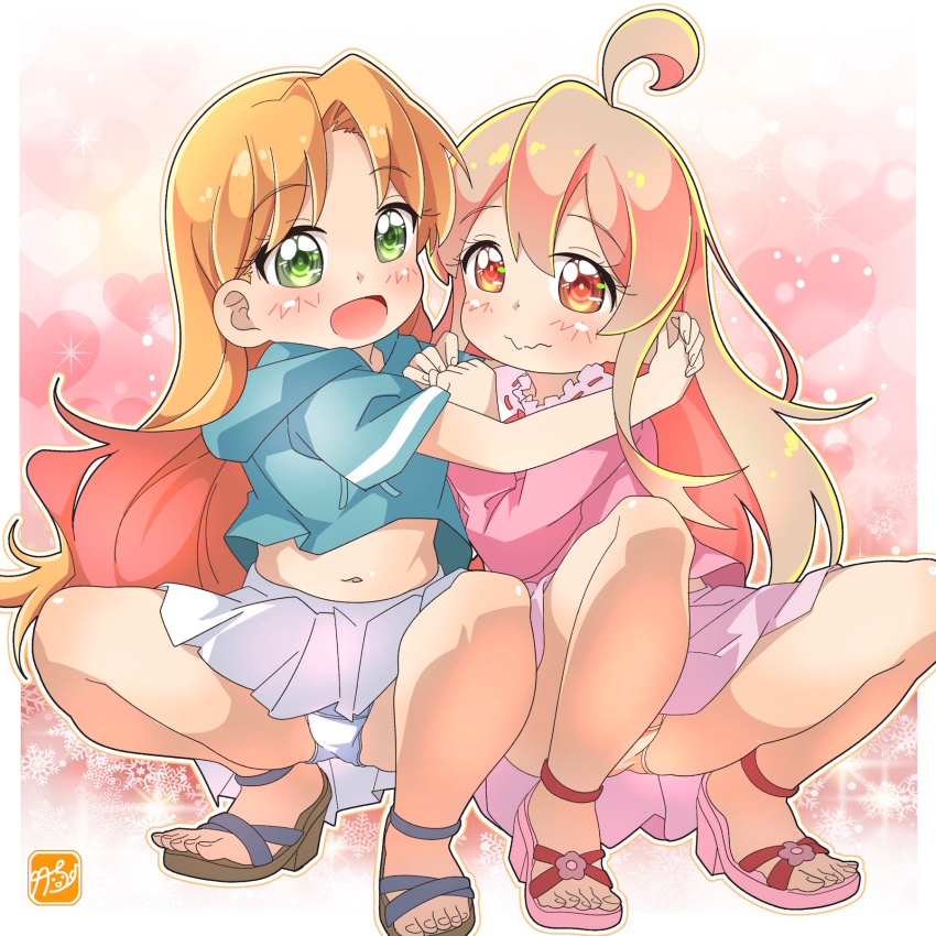 2girls :d ahoge blonde_hair blue_hoodie blush brown_eyes brown_hair closed_mouth crossover green_eyes highres hood hoodie long_hair looking_at_viewer multiple_girls navel onii-chan_wa_oshimai! open_mouth oyama_mahiro panties pantyshot pink_shirt pink_skirt pleated_skirt ruri_no_houseki sandals shirt short_sleeves skirt smile squatting takecho tanigawa_ruri thighs toes underwear white_skirt yuri