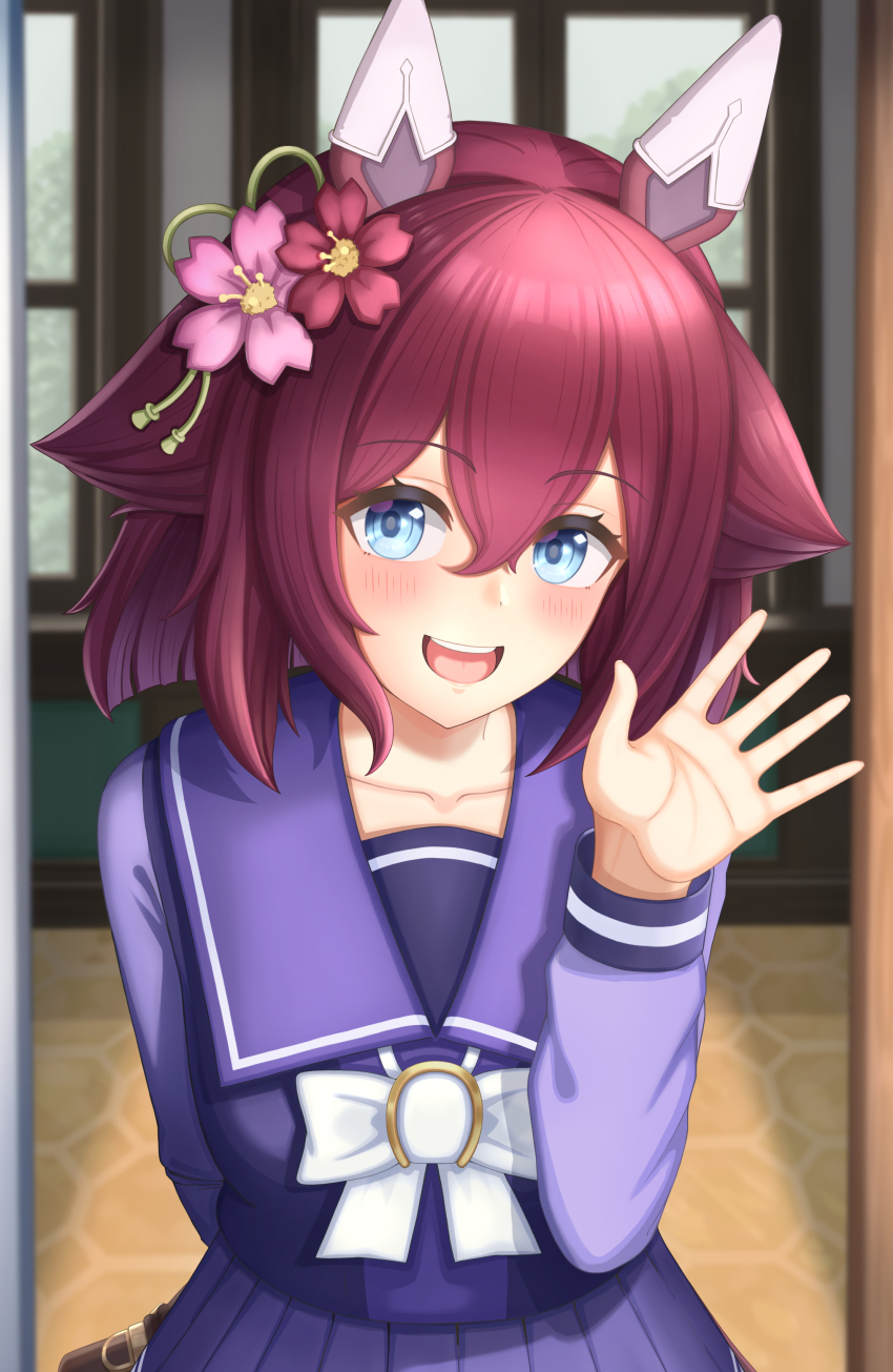 1girl absurdres animal_ears blue_eyes blush breasts collarbone commentary_request flower hair_between_eyes hair_flaps hair_flower hair_ornament highres horse_ears horse_girl horse_tail looking_at_viewer medium_breasts open_mouth sakura_chiyono_o_(umamusume) school_uniform tail tracen_school_uniform umamusume waving window yanagiba_megiku