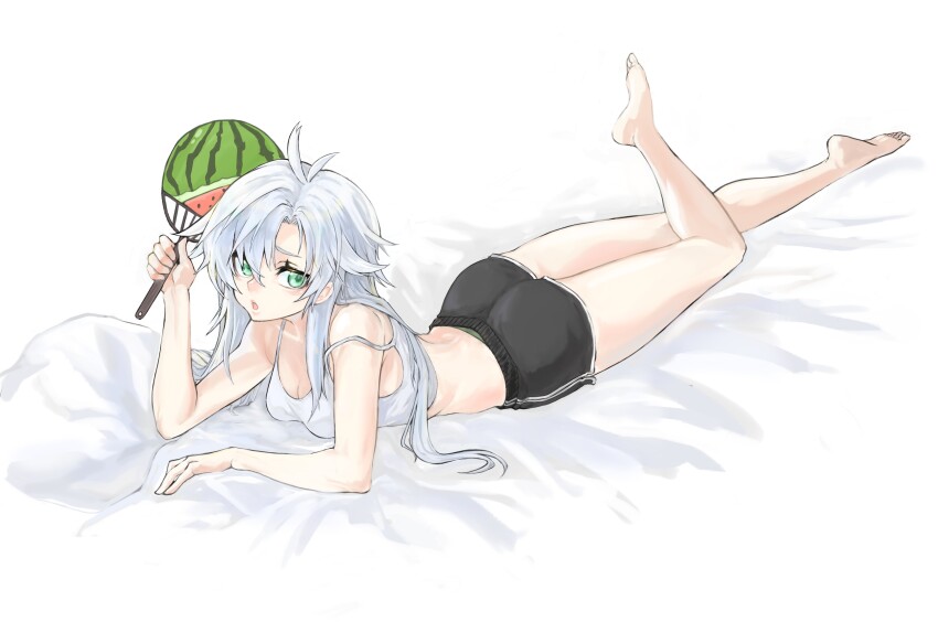 1girl absurdres ass barefoot black_shorts breasts cleavage commentary eiyuu_densetsu english_commentary eyelashes feet fie_claussell food_print fruit_print green_eyes highres holding holding_paddle jo_p kuro_no_kiseki_(series) long_hair looking_at_viewer lying medium_breasts on_stomach open_mouth paddle shorts solo watermelon_print white_hair