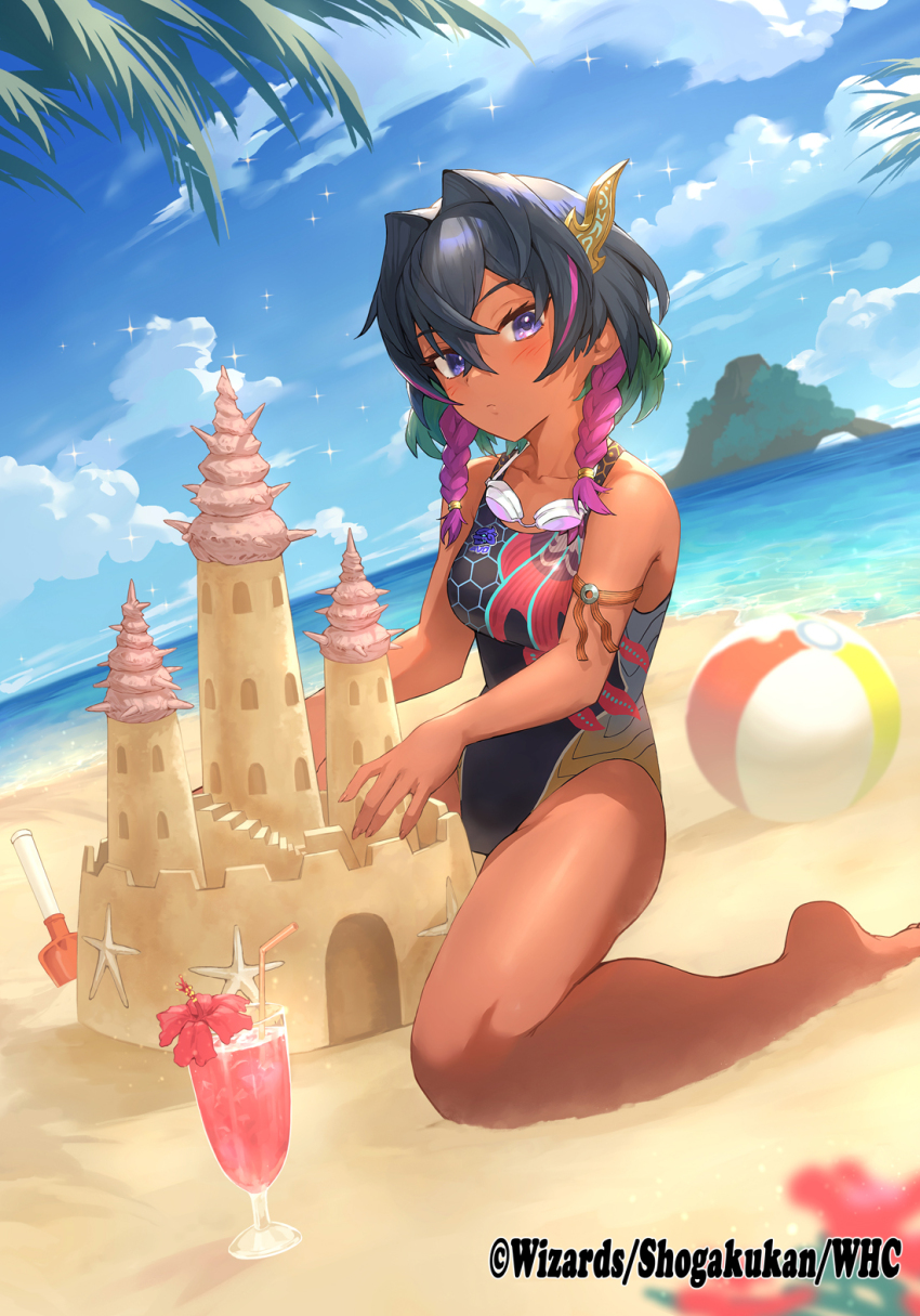 1girl aogiri_shinobu ball beach beachball black_hair blue_sky braid breasts building_sand_sculpture closed_mouth cloud copyright_notice cup dark-skinned_female dark_skin dragon_musume_ni_naritakunai! drinking_glass drinking_straw duel_masters goggles goggles_around_neck green_hair hair_ornament highres light_blush looking_at_viewer miyamoto_satoru multicolored_hair multicolored_swimsuit ocean official_art one-piece_swimsuit outdoors pink_hair purple_eyes sand_castle sand_sculpture seashell seiza shell shovel sitting sky smile solo sparkle swimsuit