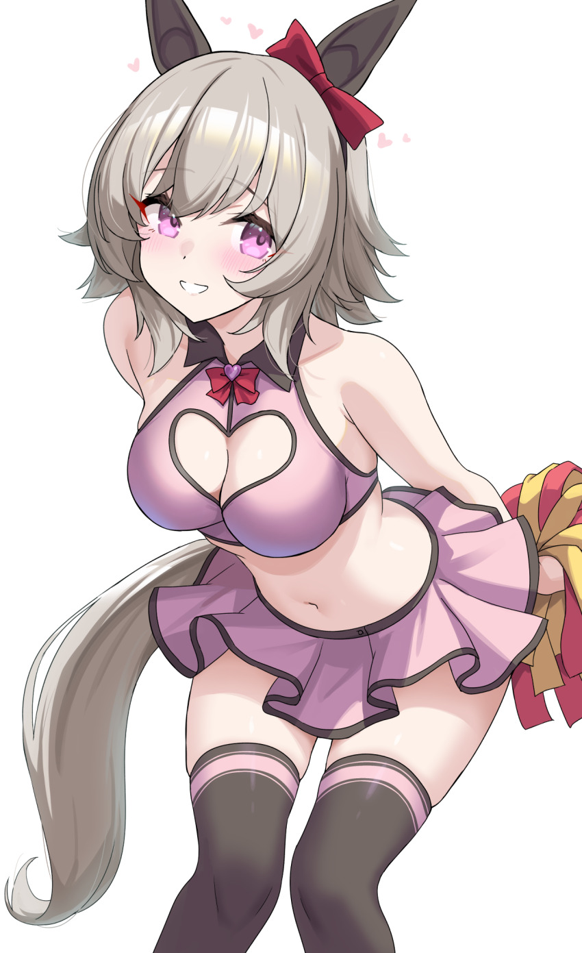 1girl animal_ears arms_behind_back black_thighhighs bow bowtie breasts cheerleader cleavage cleavage_cutout clothing_cutout commentary_request crop_top curren_chan_(umamusume) ear_bow ear_covers grey_hair grey_tail heart_cutout highres holding holding_pom_poms horse_ears horse_girl horse_tail kibihimi looking_at_viewer medium_breasts midriff miniskirt navel pink_eyes pink_skirt pom_pom_(cheerleading) pom_poms red_bow red_bowtie short_hair simple_background skindentation skirt smile solo tail thighhighs thighs umamusume white_background