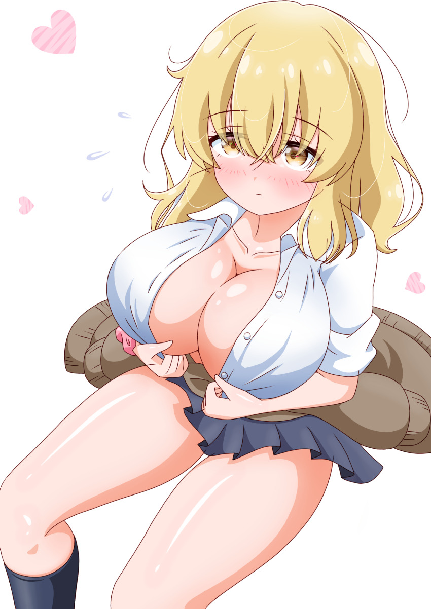1girl blonde_hair blue_skirt breasts brown_cardigan cardigan cardigan_around_waist cleavage clothes_around_waist collarbone commentary_request crossed_bangs flying_sweatdrops hair_ornament heart higa_kana highres imai_kazunari large_breasts long_hair looking_at_viewer okinawa_de_suki_ni_natta_ko_ga_hougen_sugite_tsurasugiru partial_commentary school_uniform scrunchie shirt simple_background sitting skirt sleeves_rolled_up solo thighs white_background white_shirt wrist_scrunchie yellow_eyes