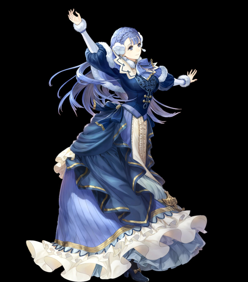 1girl blue_dress blue_eyes blue_hair bow bowtie braid breasts cape capelet dress earrings female_focus fire_emblem fire_emblem_echoes:_shadows_of_valentia fire_emblem_heroes full_body fur_trim hair_ornament highres jewelry long_hair long_sleeves matching_hair/eyes medium_breasts nintendo non-web_source official_art rinea_(fire_emblem) rinea_(soiree)_(fire_emblem) solo transparent_background