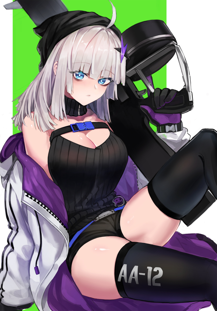 1girl aa-12 aa-12_(girls&#039;_frontline) ahoge bags_under_eyes bare_shoulders black_gloves black_shorts black_sweater blue_eyes blush breasts buckle cleavage closed_mouth commentary drum_magazine feet_out_of_frame girls&#039;_frontline gloves green_background grey_hair gun hair_ornament highres holding holding_gun holding_weapon hood hooded_jacket jacket large_breasts long_hair long_sleeves looking_at_viewer magazine_(weapon) nlitz off_shoulder open_clothes open_jacket purple_gloves purple_jacket ribbed_collar ribbed_sweater shorts shotgun simple_background sitting skindentation sleeveless sleeveless_sweater snap-fit_buckle solo star_(symbol) star_hair_ornament sweater thighhighs thighs third-party_source trigger_discipline two-sided_fabric two-sided_gloves two-sided_jacket weapon white_jacket zipper