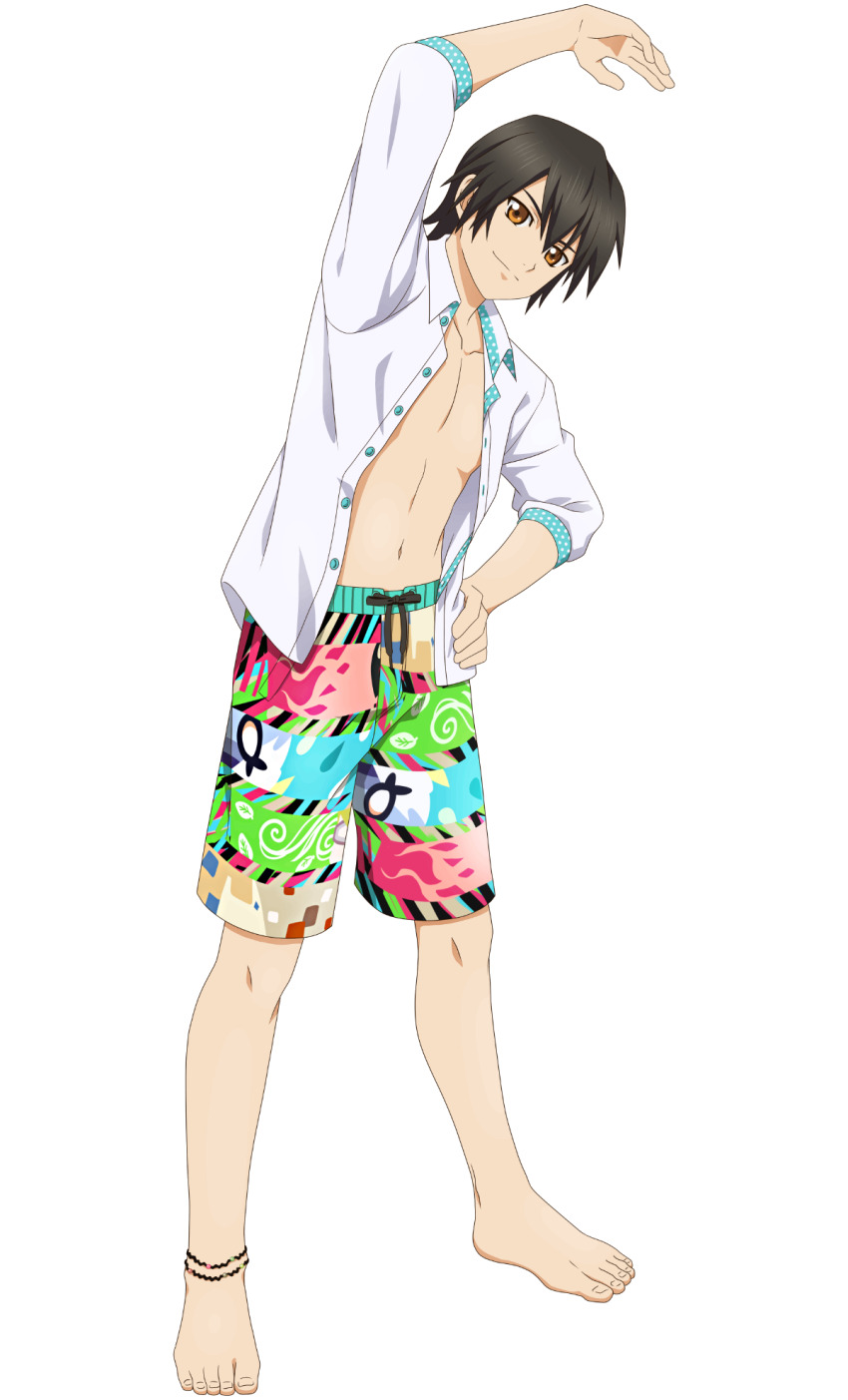 1boy anklet artist_request barefoot black_hair commentary drawstring english_commentary flame_print full_body hair_between_eyes hand_on_own_hip highres jewelry jude_mathis leaf_print male_focus male_swimwear multicolored_male_swimwear multicolored_swim_trunks multicolored_swimsuit navel official_art open_clothes open_shirt print_male_swimwear print_swim_trunks print_swimsuit smile swim_trunks swimsuit tales_of_(series) tales_of_asteria tales_of_xillia toenails toes topless_male transparent_background