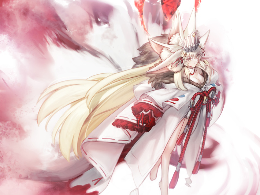 1girl animal_ear_fluff animal_ears blonde_hair breasts extra_ears fate/grand_order fate_(series) fox_ears fox_girl fox_tail fur-trimmed_kimono fur_trim hair_between_eyes hair_over_face headpiece japanese_clothes kimono koyanskaya_(fate) koyanskaya_(lostbelt_beast:iv)_(fate) large_breasts long_hair multiple_animal_ears multiple_tails rope sash shoori_(migiha) smile solo tail takeuchi_takashi_(style) tamamo_(fate) very_long_hair white_kimono wide_sleeves yellow_eyes