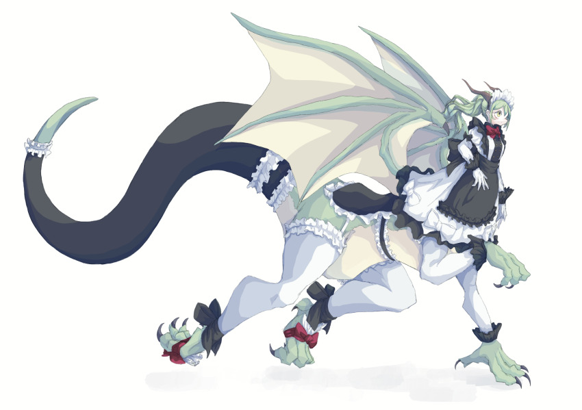 1girl 4138 ankle_bow ankle_ribbon apron black_apron black_bow bow bowtie buttons centauroid claws closed_mouth commentary double-breasted dragon_girl dragon_horns dragon_tail dragon_wings dress frilled_apron frilled_dress frills full_body gloves green_eyes green_hair highres horns long_hair long_sleeves maid maid_headdress original red_bow red_bowtie ribbon simple_background sleeve_bow solo tail tail_sock taur thighhighs waist_apron white_background white_dress white_gloves white_thighhighs wings