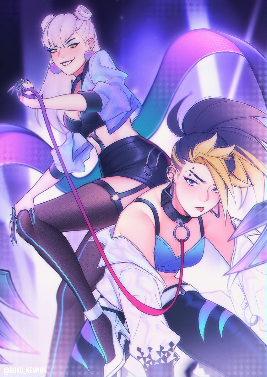 2girls absurdres akali belt black_collar black_hair black_pants black_shorts blonde_hair blue_eyes breasts claw_ring collar crop_top evelynn_(league_of_legends) goku_inu_go_kuken grin highres holding holding_leash jacket k/da_(league_of_legends) k/da_akali k/da_all_out_akali k/da_all_out_evelynn league_of_legends leash long_hair looking_at_viewer medium_breasts midriff multicolored_hair multiple_girls off_shoulder pants pink_hair purple_lips short_shorts shorts small_breasts smile stage_lights streaked_hair thighhighs white_belt white_jacket yellow_eyes