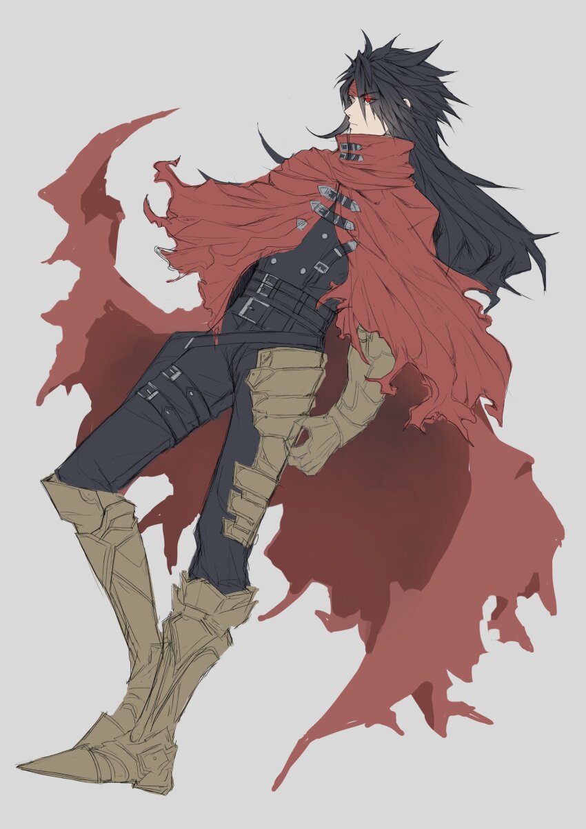 1boy absurdres armored_boots belt black_hair black_pants black_shirt boots clawed_gauntlets cloak closed_mouth facing_to_the_side final_fantasy final_fantasy_vii final_fantasy_vii_rebirth final_fantasy_vii_remake full_body glowing glowing_eyes grey_background hair_between_eyes headband high_collar highres long_hair male_focus messa_mo messy_hair multiple_belts pants pointy_footwear red_cloak red_eyes red_headband shirt sketch solo thigh_armor thigh_strap torn_cloak torn_clothes vincent_valentine