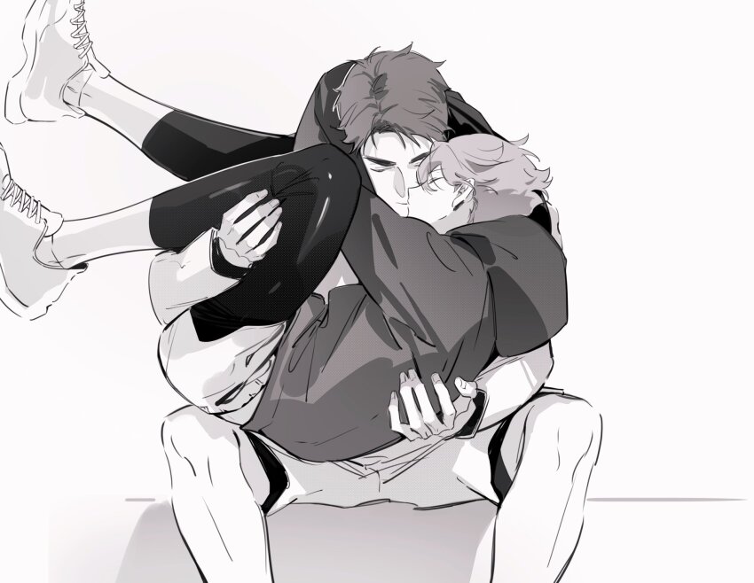 2boys arms_around_neck carrying chinese_commentary closed_mouth commentary_request compression_leggings fandangyu feet_out_of_frame fingernails greyscale haikyuu!! highres holding hood hood_down hoodie kiss male_focus monochrome multiple_boys oikawa_tooru_(haikyuu!!) parted_lips princess_carry shoelaces shoes short_hair shorts simple_background sitting sneakers ushijima_wakatoshi white_background yaoi