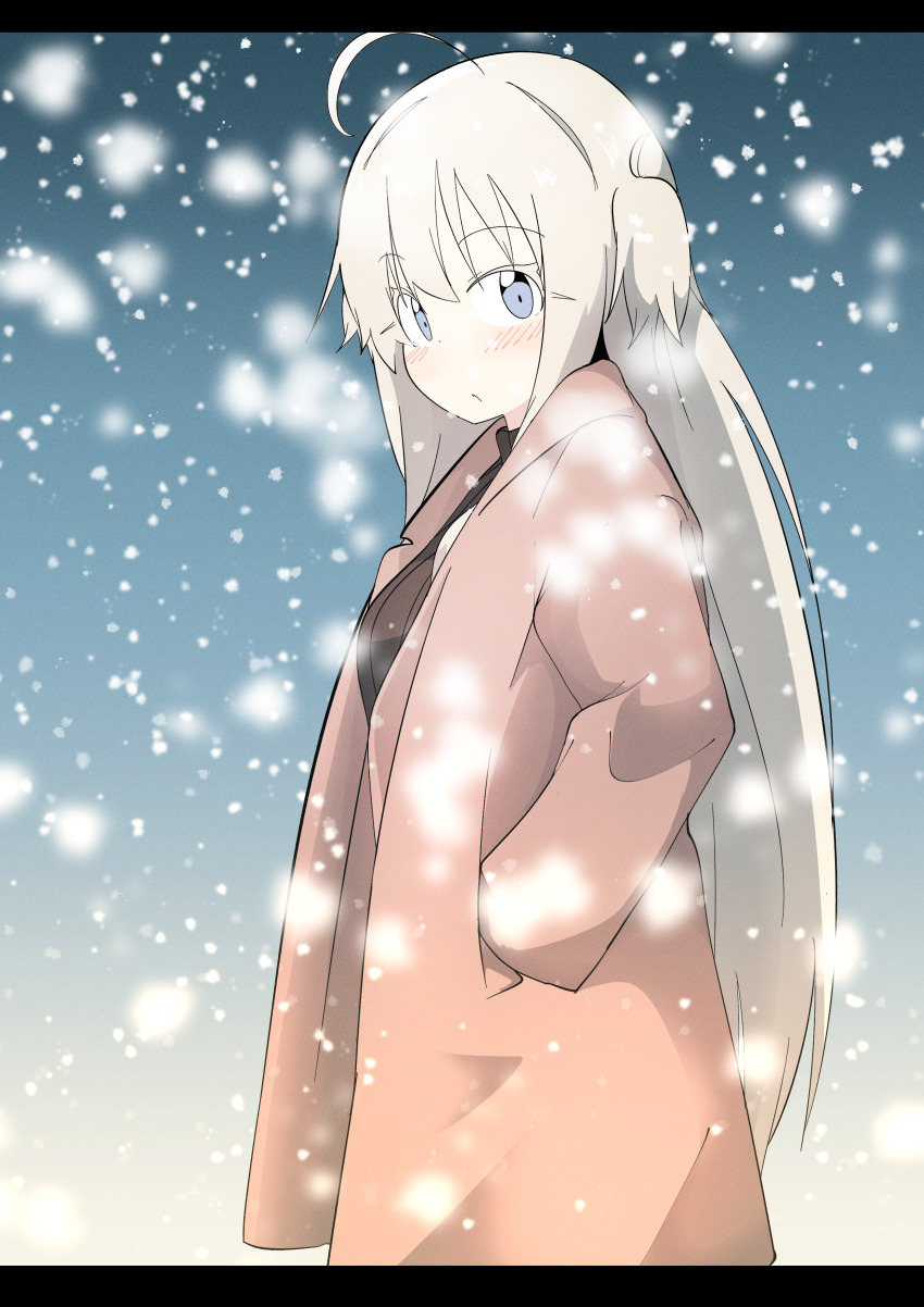 1girl absurdres ahoge black_sweater blonde_hair blue_eyes blush breasts bural_chingu coat female_focus highres huge_filesize letterboxed long_hair looking_at_viewer park_noah ribbed_sweater snow solo sweater turtleneck turtleneck_sweater two_side_up wweed
