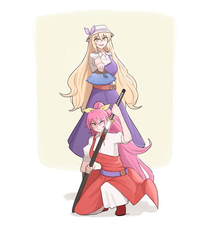 2girls absurdres belt blonde_hair bow breasts collared_shirt commentary commission dress english_commentary hand_fan hat hat_bow hat_ribbon highres large_breasts long_hair mata_(matasoup) medium_breasts multiple_girls on_one_knee pinafore_dress pink_eyes pink_hair pink_ribbon ponytail purple_dress red_dress ribbon shirt short_sleeves silent_sinner_in_blue simple_background single_strap sleeveless sleeveless_dress smile standing sword touhou touhou_bougetsushou very_long_hair watatsuki_no_toyohime watatsuki_no_yorihime weapon white_background white_shirt yellow_eyes yellow_ribbon