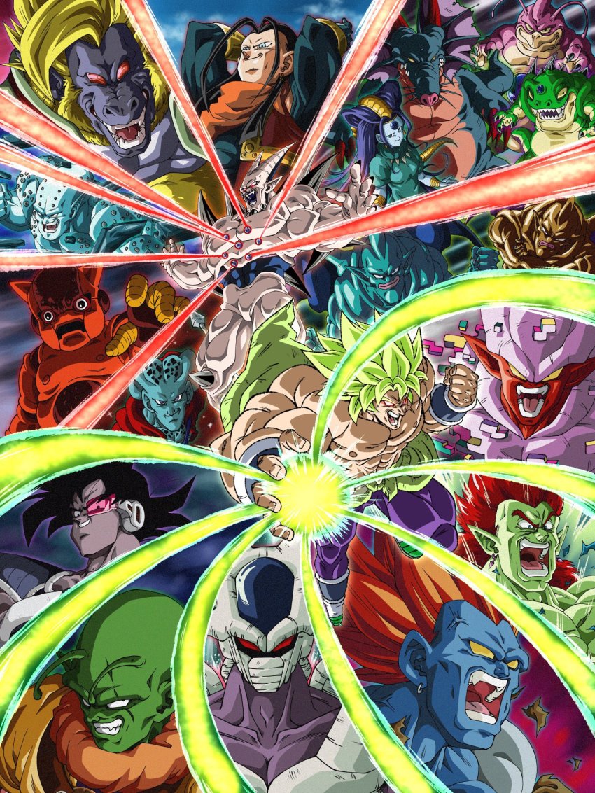 1girl 6+boys alien android android_13 android_13_(fused) angry baby_(dragon_ball_gt) baby_vegeta black_hair blank_eyes bojack broly_(dragon_ball_super) broly_(dragon_ball_z) brothers cape claws colored_skin cooler demon dragon dragon_ball dragon_ball_gt dragon_ball_super dragon_ball_z:_the_tree_of_might dragonball_z earrings eis_shenron energy_ball evil_smile fangs flag general_rilldo green_skin haze_shenron highres janemba jewelry ledgic legendary_super_saiyan liang_xing_long liu_xing_long long_hair lord_slug luud machine male_focus multiple_boys muscular naturon_shenron nuova_shenron oceanus_shenron qi_xing_long rage_shenron red_skin san_xing_long shovel si_xing_long siblings sitting sky smile spikes sun sunglasses super_android_17 super_saiyan syn_shenron tail tullece twins wings wu_xing_long y48754085 yellow_skin yi_xing_long