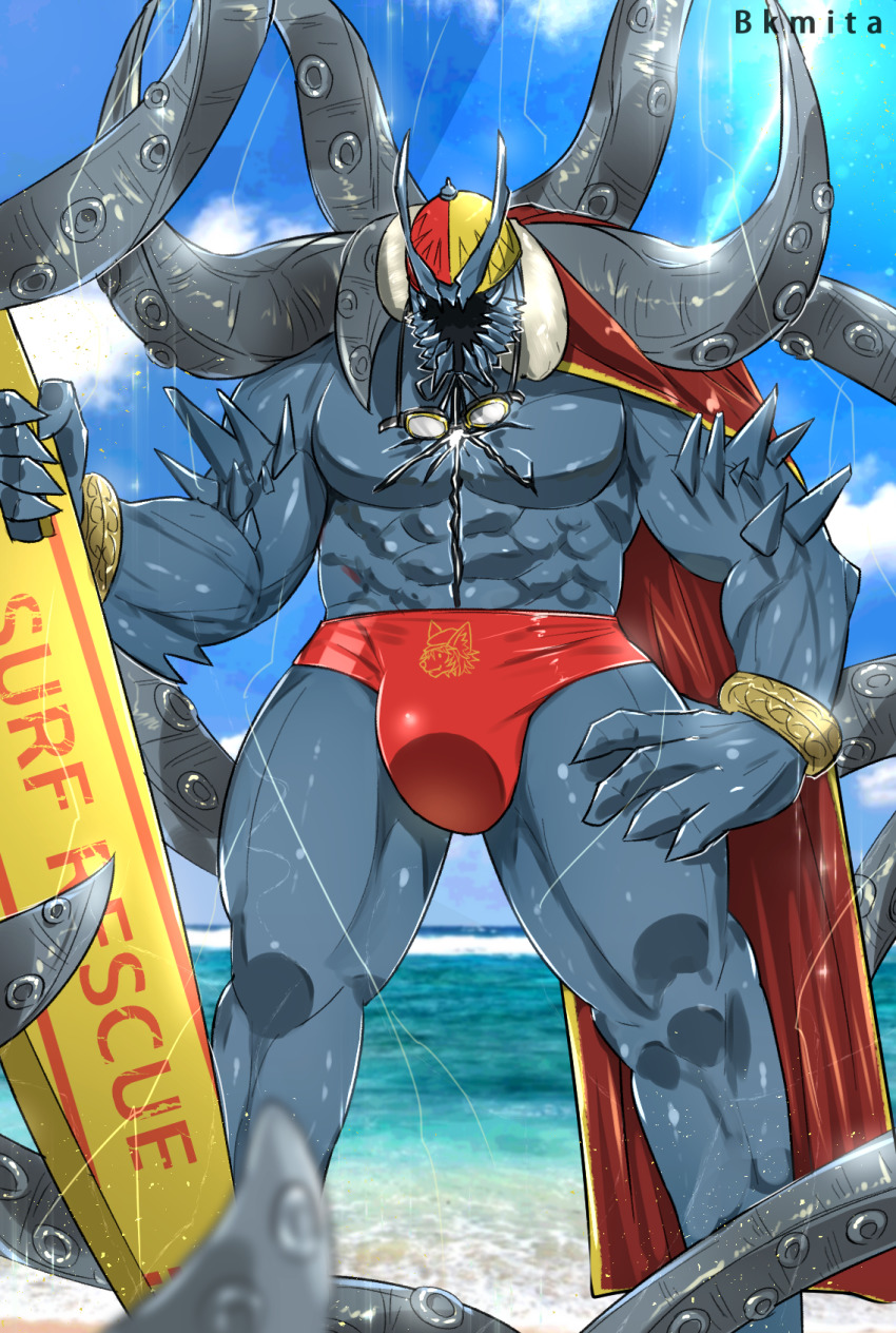 1boy abs artist_name bara bare_pectorals beach bk_mita bracelet bulge cape character_print colored_skin day english_text faceless fate/grand_order fate_(series) feet_out_of_frame giant giant_male goggles goggles_around_neck grey_skin hand_on_own_hip highres ivan_the_terrible_(fate) jewelry large_pectorals looking_at_viewer male_focus male_swimwear monster_boy muscular muscular_male outdoors pectorals print_male_swimwear print_swim_briefs print_swimsuit red_cape red_male_swimwear red_swim_briefs solo surfboard swim_briefs swimsuit tentacle_hair thick_thighs thighs topless_male wet