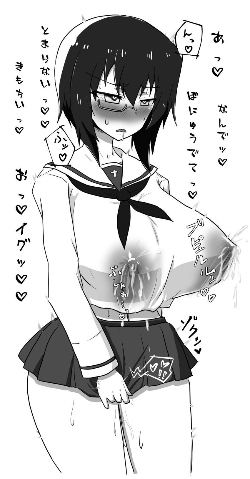 1girl absurdres blush breasts covered_erect_nipples cube_(huidama) drooling girls_und_panzer handsfree_lactation heart heart-shaped_pupils highres huge_breasts kawashima_momo lactation lactation_through_clothes midriff monochrome monocle ooarai_school_uniform open_mouth short_hair solo sweat symbol-shaped_pupils translation_request