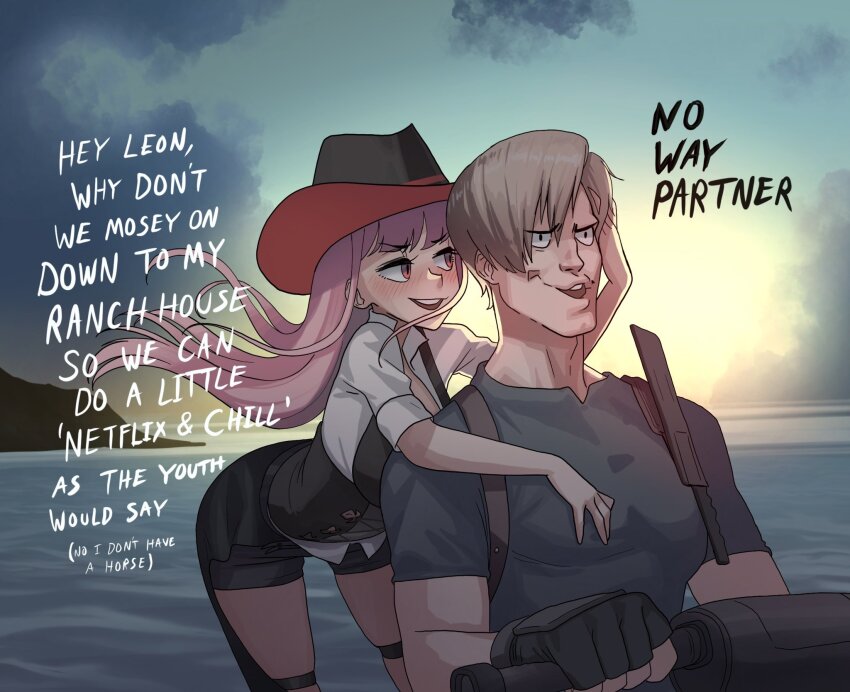 1boy 1girl blunt_bangs blush breast_press breasts breasts_on_another&#039;s_back brown_hair crossover curtained_hair english_text euphemism flirting hat hetero highres hololive hololive_english jet_ski large_breasts leon_s._kennedy long_hair meme mori_calliope mori_calliope_(sheriff) naughty_face no_way_fag_(meme) official_alternate_costume open_mouth pantyhose pink_hair red_eyes rejection resident_evil resident_evil_4 resident_evil_4_(remake) seductive_smile short_hair smile straight_hair text_focus virtual_youtuber watercraft zedd_(zedgawr)