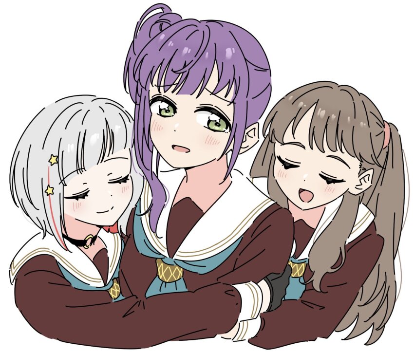 3girls :d aqua_neckerchief black_choker black_gloves brown_dress brown_hair choker closed_eyes closed_mouth commentary cropped_torso diagonal_bangs dress fujishima_megumi gloves green_eyes grey_hair group_hug hair_bun hair_ornament hasu_no_sora_school_uniform highres hug link!_like!_love_live! llkapital long_hair long_sleeves love_live! multicolored_hair multiple_girls neckerchief o-ring o-ring_choker open_mouth otomune_kozue purple_hair red_hair sailor_collar sailor_dress school_uniform side_ponytail sidelocks simple_background single_side_bun smile split_mouth star_(symbol) star_hair_ornament streaked_hair two_side_up u_u upper_body virtual_youtuber white_background white_sailor_collar winter_uniform yugiri_tsuzuri