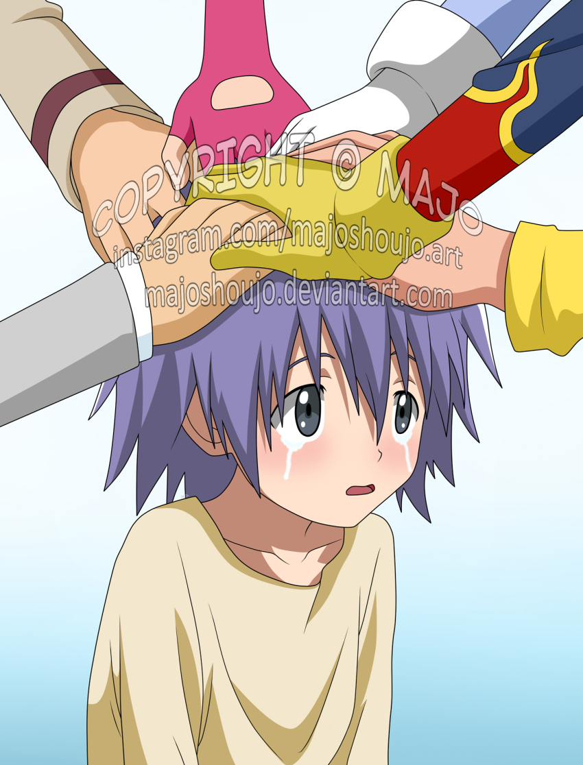 2girls 5boys crying digimon digimon_adventure_02 digimon_adventure_02:_the_beginning gloves hida_iori highres ichijouji_ken inoue_miyako motomiya_daisuke multiple_boys multiple_girls open_mouth owada_rui purple_hair short_hair takaishi_takeru yagami_hikari