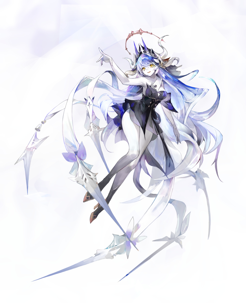 1girl absurdres antennae aqua_hair arm_up bare_legs bare_shoulders black_dress blue_hair breasts cleavage colored_skin crown detached_sleeves dress floating floating_crown full-body_tattoo gradient_hair hair_weapon high_heels highres horns index_finger_raised long_hair looking_at_viewer medium_breasts moko_(moko/moko) multicolored_hair orange_shoes original parted_lips purple_hair shoes solo tattoo teeth thighs upper_teeth_only very_long_hair white_background white_hair white_horns white_skin yellow_eyes