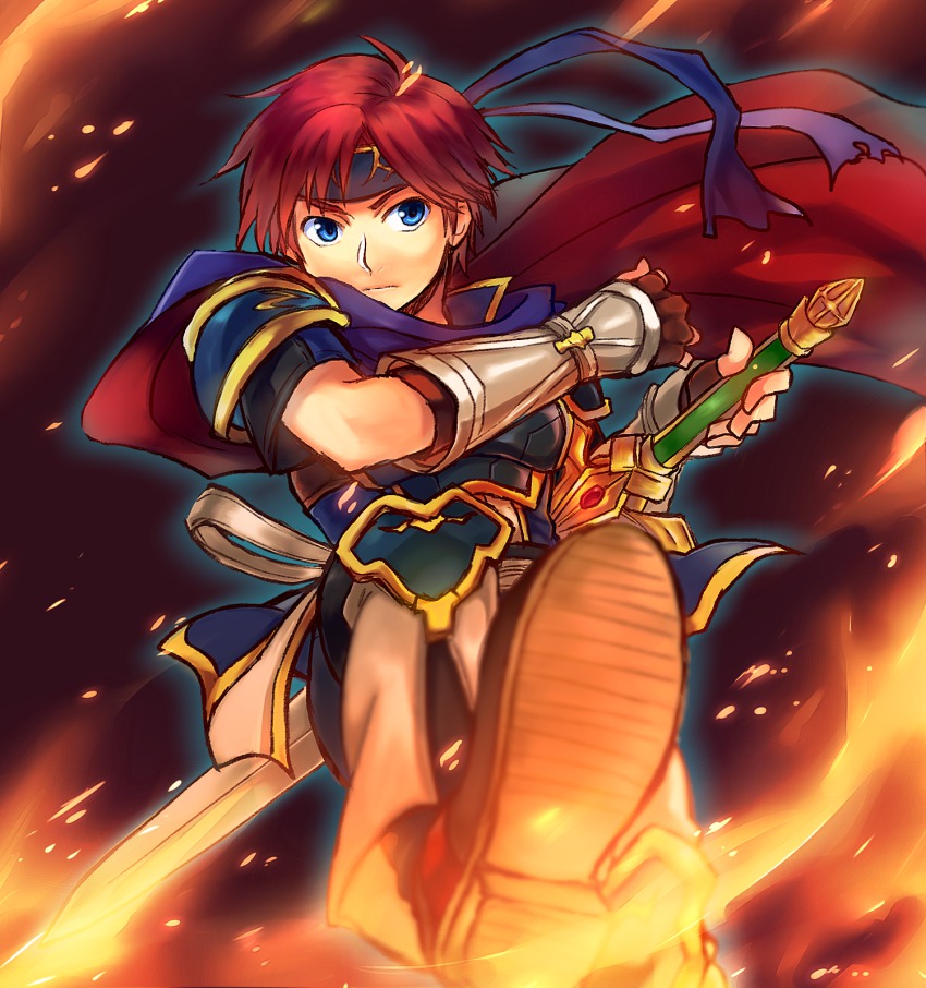 1boy armor armored_dress bandana blue_armor blue_eyes boots cape dress fingerless_gloves fire fire_emblem fire_emblem:_the_binding_blade flaming_sword flaming_weapon gloves gradient_background headband highres holding male_focus nintendo red_hair reverse_grip roy_(fire_emblem) serious solo super_smash_bros. sword weapon yuki_(sumaburalove)