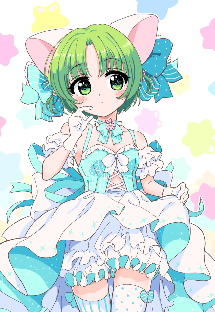 1girl animal_ears anzu_yoshihiro aqua_bow aqua_bowtie aqua_corset aqua_ribbon asymmetrical_legwear back_bow bloomers blush bow bowtie cat_ears closed_mouth cowboy_shot curtained_hair dejiko detached_sleeves di_gi_charat expressionless flat_chest gloves green_eyes green_hair hair_bow hand_up high-low_skirt highres looking_at_viewer mismatched_legwear pinstripe_pattern pinstripe_thighhighs polka_dot polka_dot_thighhighs ribbon short_hair short_sleeves simple_background skirt solo thighhighs two_side_up underwear white_background white_bloomers white_bow white_gloves white_skirt