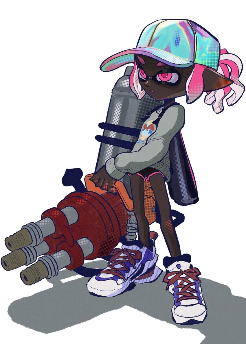 1girl baseball_cap black_shorts dark-skinned_female dark_skin dolphin_shorts grey_sweater hat highres hydra_splatling_(splatoon) hyper_chikuwabu ink_tank_(splatoon) inkling inkling_girl inkling_player_character iridescent long_sleeves nintendo open_mouth pink_eyes pink_hair pointy_ears shadow shoelaces shoes short_hair shorts simple_background sneakers solo splatoon_(series) standing sweater tentacle_hair very_dark_skin white_background white_shoes
