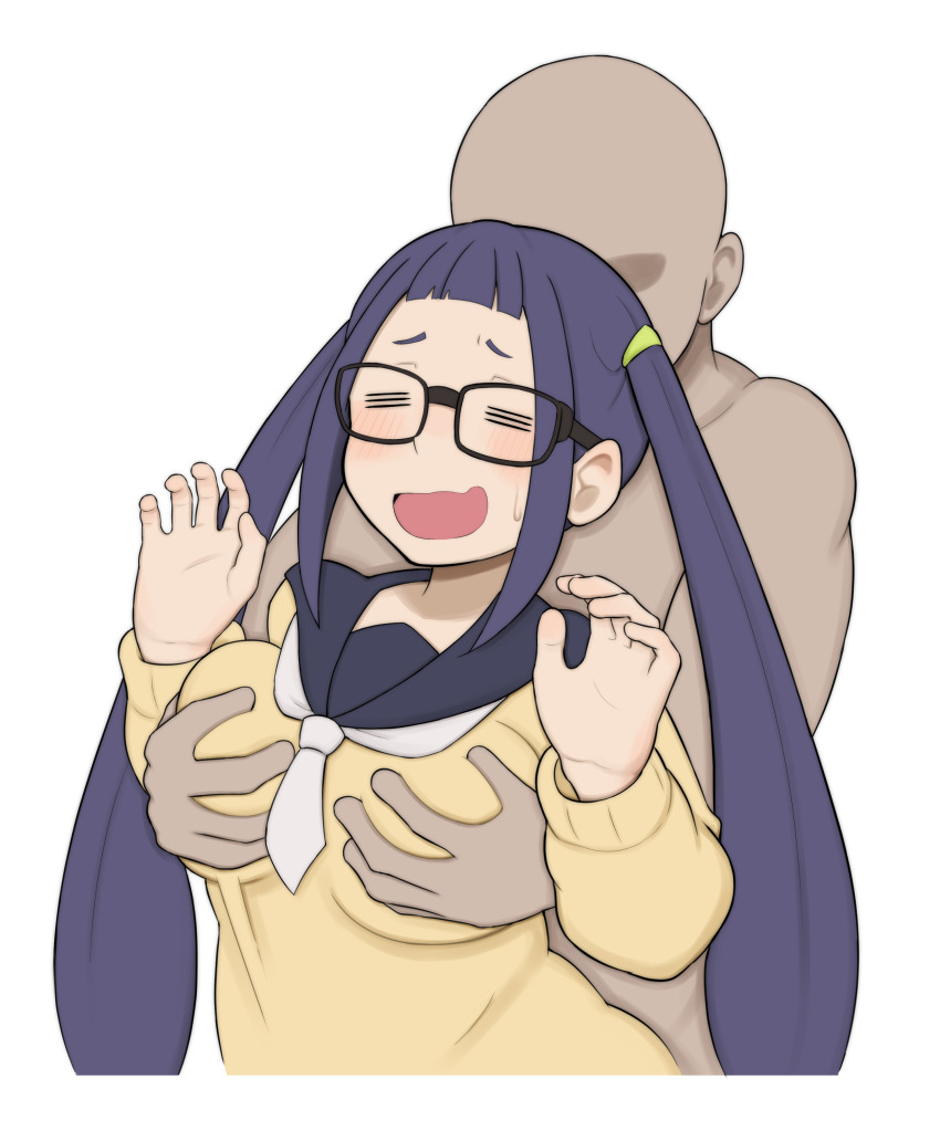 1boy 1girl age_difference bald black_hair breasts clothed_female_nude_male dark-skinned_male dark_skin embarrassed glasses grabbing_another&#039;s_breast grabbing_from_behind groping hat interracial medium_breasts mizukawa_(3norin) molestation nude oogaki_chiaki open_mouth pubic_hair school_uniform simple_background size_difference small_breasts surprised sweat twintails white_background yurucamp