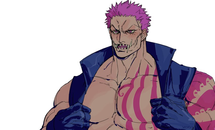 1boy absurdres arm_tattoo black_gloves charlotte_katakuri commentary english_commentary gloves highres looking_ahead male_focus muscular muscular_male one_piece purple_hair sharp_teeth short_hair simple_background sleeveless sleeveless_jacket solo tattoo teeth upper_body v-shaped_eyebrows wesaier white_background