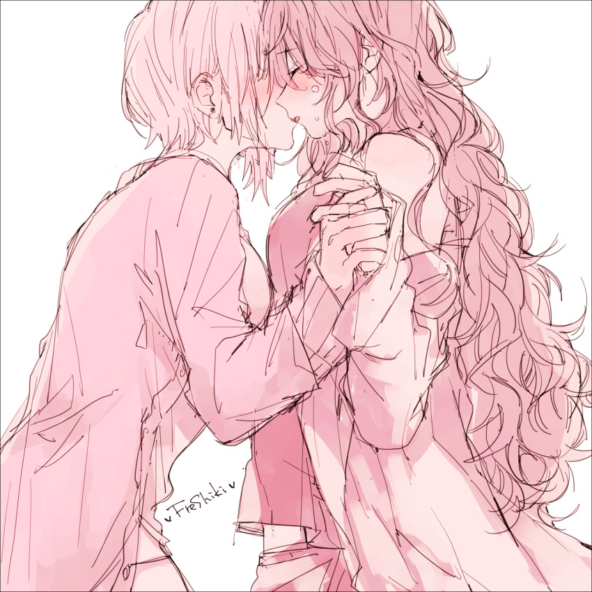 2girls amane_(7783) bare_shoulders blush closed_eyes commentary_request fingering hand_in_pants heart highres holding_hands ichinose_shiki idolmaster idolmaster_cinderella_girls interlocked_fingers kiss long_hair long_sleeves miyamoto_frederica multiple_girls parted_lips short_hair simple_background white_background yuri