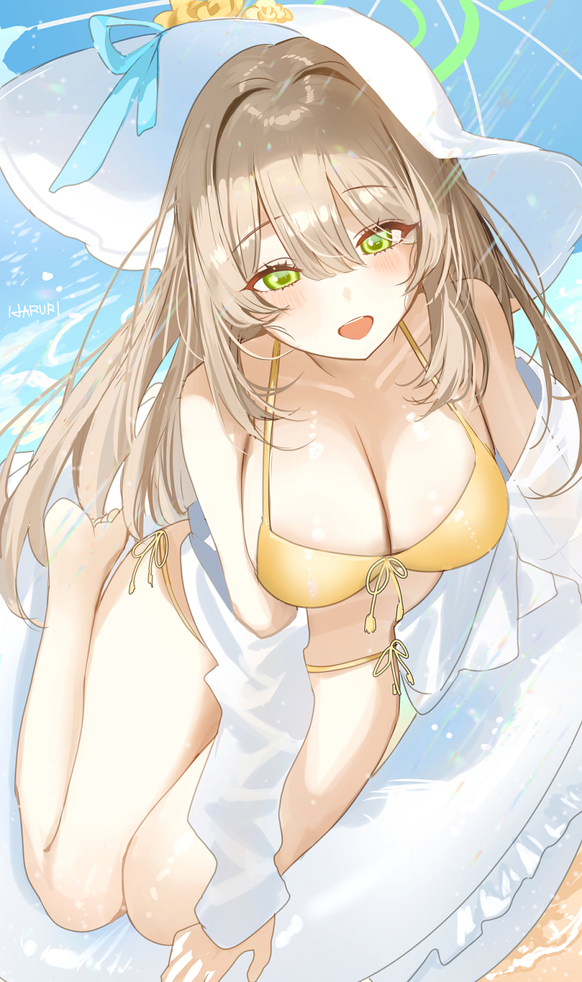 1girl bikini blue_archive blush breasts cleavage green_eyes green_halo halo haruri hat highres large_breasts light_brown_hair long_hair looking_at_viewer nonomi_(blue_archive) nonomi_(swimsuit)_(blue_archive) open_mouth smile solo swimsuit white_hat yellow_bikini