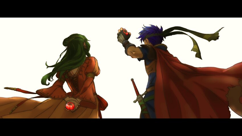 1boy 1girl blue_hair cape commentary_request dress elincia_ridell_crimea fire_emblem fire_emblem:_path_of_radiance green_hair headband highres ike_(fire_emblem) letterboxed long_dress long_hair nintendo nomumono1721 orange_dress red_cape sheath sheathed short_hair sword tomato weapon white_background
