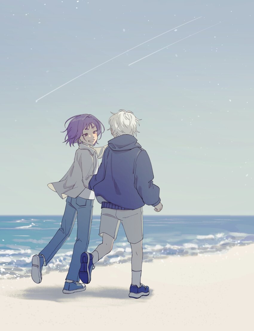 2boys 99reung absurdres aged_down beach black_shoes blue_jacket blue_lock blue_pants child commentary contrail denim full_body grin highres hood hood_down hooded_jacket jacket jeans looking_at_another male_focus mikage_reo multiple_boys nagi_seishirou ocean outdoors pants purple_eyes purple_hair shirt shoes shorts sky smile socks teeth walking water white_hair white_shirt white_shorts white_socks