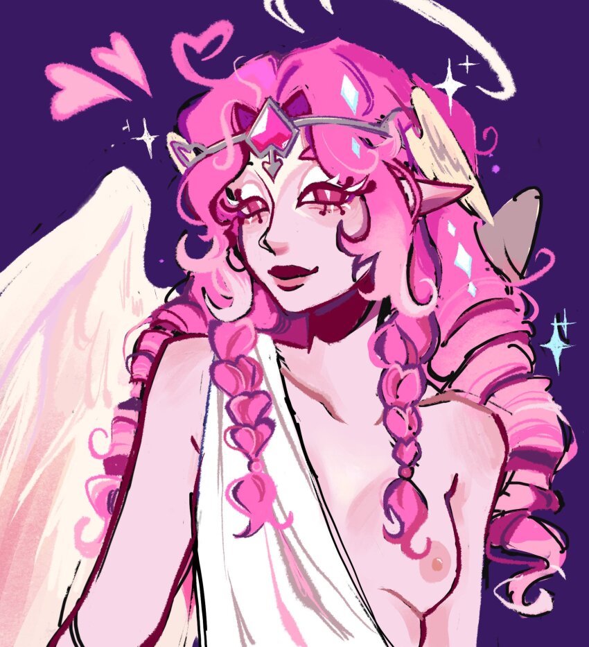 1girl angel angel_wings breasts cleavage colored_skin cookie_run cookie_run:_kingdom dress eternal_sugar_cookie halo highres long_hair looking_at_viewer mako_ronii nipples pink_eyes pink_hair pink_skin solo very_long_hair white_dress wings