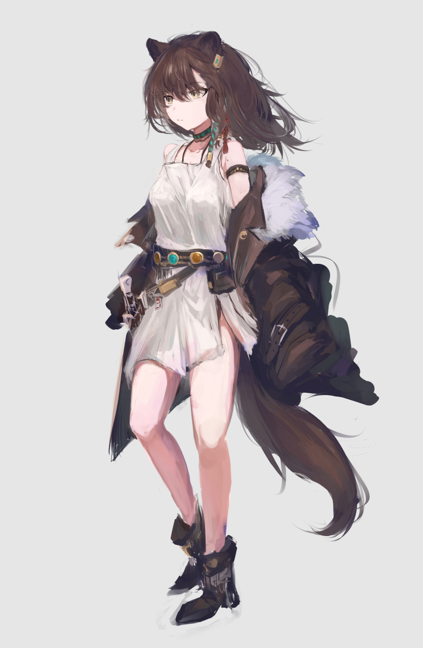 1girl animal_ears arknights black_shoes breasts brown_eyes brown_hair brown_jacket choker commentary dress earclip expressionless full_body fur-trimmed_jacket fur_trim grey_background highres jacket long_hair long_sleeves looking_ahead lunacub_(arknights) mok4suke mole mole_on_arm open_clothes shoes simple_background solo standing tail white_dress wolf_ears wolf_girl wolf_tail