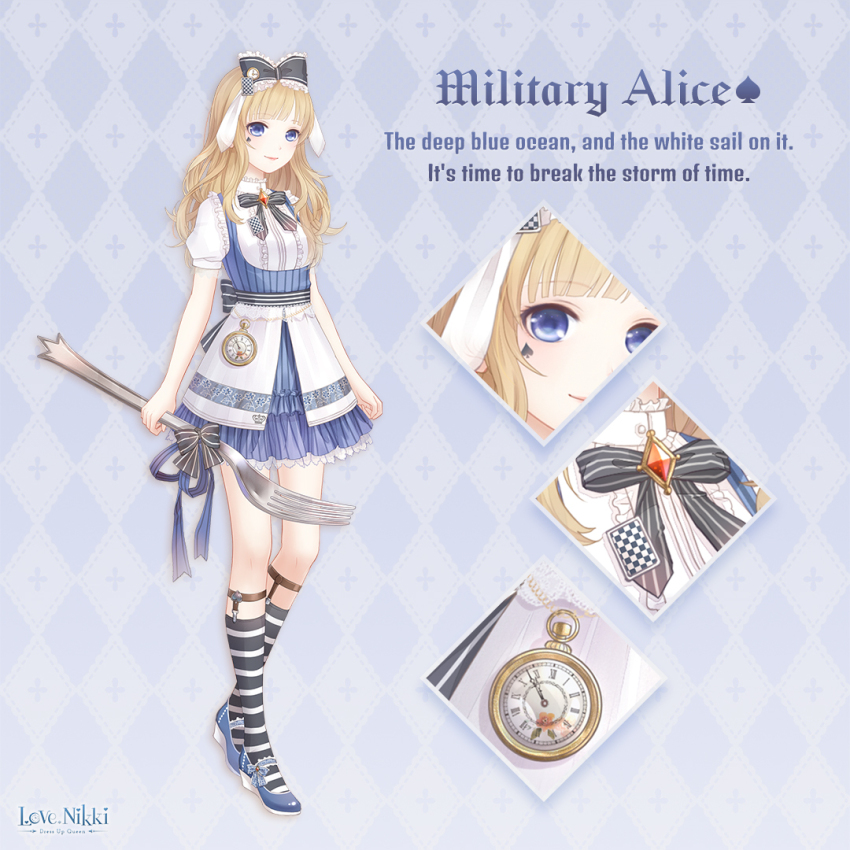 1girl alice&#039;s_adventures_in_wonderland alice_(alice_in_wonderland) animal_ears apron argyle_background artist_request back_bow bare_arms belt black_bow black_bowtie black_socks blonde_hair blue_background blue_bow blue_dress blue_eyes blue_ribbon blue_shoes blunt_bangs bow bowtie brown_belt card center_frills character_name close-up closed_mouth collared_shirt copyright_logo diamond-shaped_brooch dot_nose dress english_text eyelashes facial_tattoo fake_animal_ears footwear_bow fork frilled_bow frilled_dress frilled_footwear frilled_shirt_collar frills full_body gradient_background hair_bow hair_ornament happy high_heels holding holding_fork kneehighs lace-trimmed_apron lace_trim large_bow leg_belt lipstick logo lolita_fashion long_hair lop_rabbit_ears makeup mary_janes military_alice_(miracle_nikki) miracle_nikki nikki_(series) official_art oversized_object pinafore_dress pink_lips playing_card pleated_dress pocket_watch puffy_short_sleeves puffy_sleeves pumps rabbit_ears ribbed_socks ribbon shirt shoes short_dress short_sleeves sidelocks simple_background sleeveless sleeveless_dress smile socks solo spade_(shape) spade_tattoo standing striped_bow striped_bowtie striped_clothes striped_dress striped_socks tattoo third-party_source two-tone_socks vertical-striped_clothes vertical-striped_dress waist_apron watch wavy_hair white_apron white_shirt white_socks