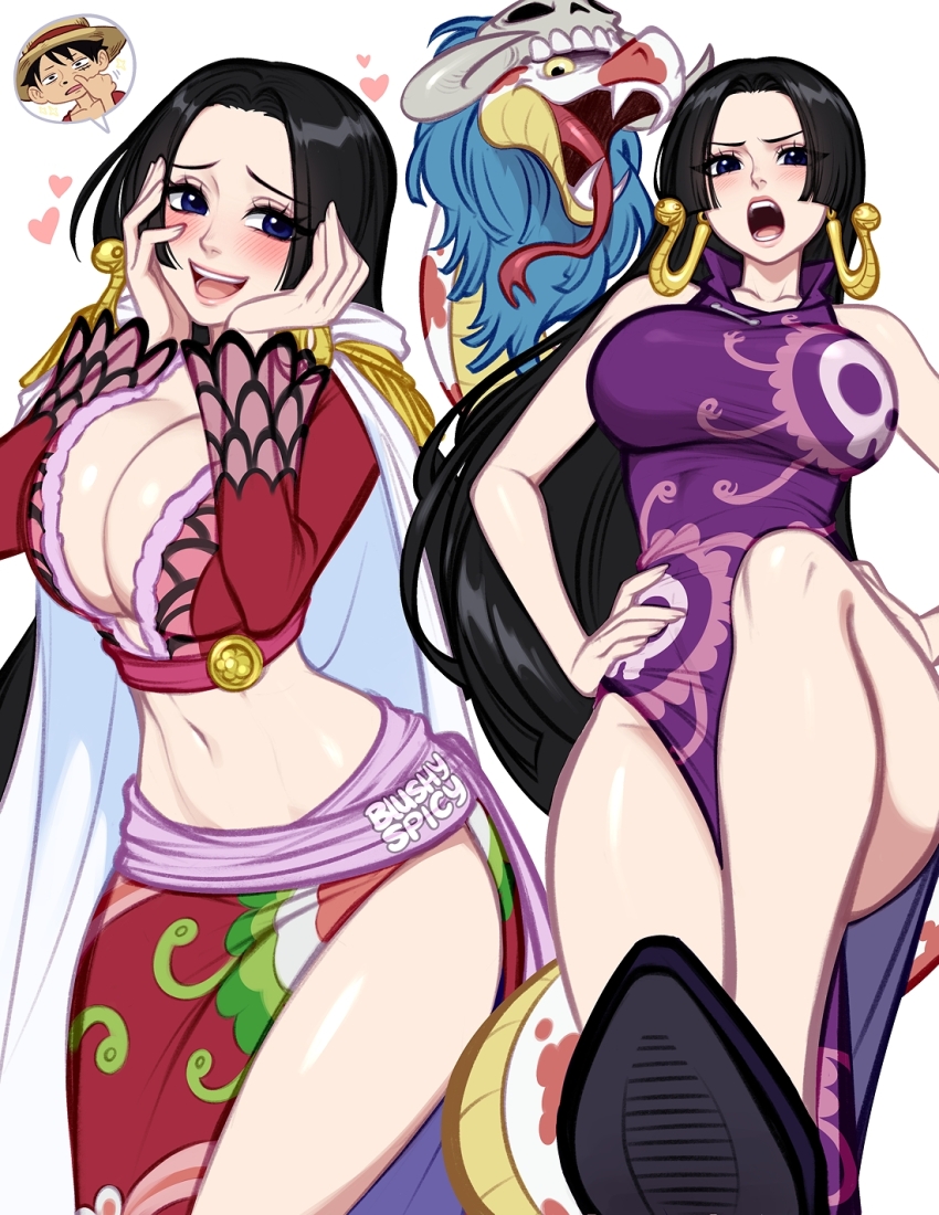 1girl black_hair blue_eyes blush blushyspicy boa_hancock breasts cleavage commentary crop_top dress earrings english_commentary epaulettes hands_on_own_cheeks hands_on_own_face heart highres image_in_speech_bubble jewelry large_breasts long_hair looking_at_viewer monkey_d._luffy multiple_views navel one_piece open_mouth purple_dress salome_(one_piece) snake_earrings speech_bubble very_long_hair