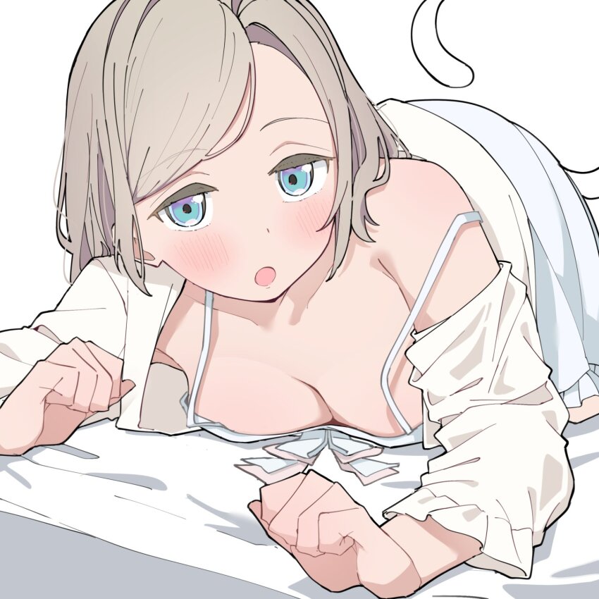 1girl :o blue_eyes blue_ribbon blush breasts cat_tail ceras_yanagida_lilienfeld ceras_yanagida_lilienfeld_(summer_loungewear) cleavage clenched_hands collarbone commentary dress dress_ribbon frilled_dress frilled_sleeves frills grey_hair hair_intakes highres jacket large_breasts link!_like!_love_live! liz_(piyoko_piyop) long_hair long_sleeves looking_at_viewer loungewear love_live! lying medium_dress official_alternate_costume on_bed on_stomach open_clothes open_jacket open_mouth paw_pose pink_ribbon ribbon sidelocks simple_background single_bare_shoulder single_off_shoulder sleeveless sleeveless_dress solo spaghetti_strap swept_bangs tail virtual_youtuber white_background white_dress
