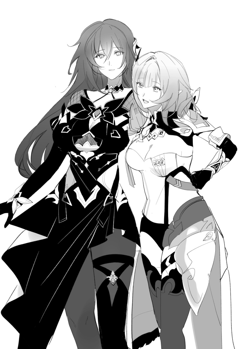 2girls breasts cleavage closed_mouth corset dress eden_(honkai_impact) elf elysia_(honkai_impact) elysia_(miss_pink_elf)_(honkai_impact) gloves greyscale hashtag-only_commentary highres honkai_(series) honkai_impact_3rd large_breasts long_hair monochrome multiple_girls oldsprout1108 open_mouth pantyhose pointy_ears short_shorts shorts shrug_(clothing) thigh_strap very_long_hair